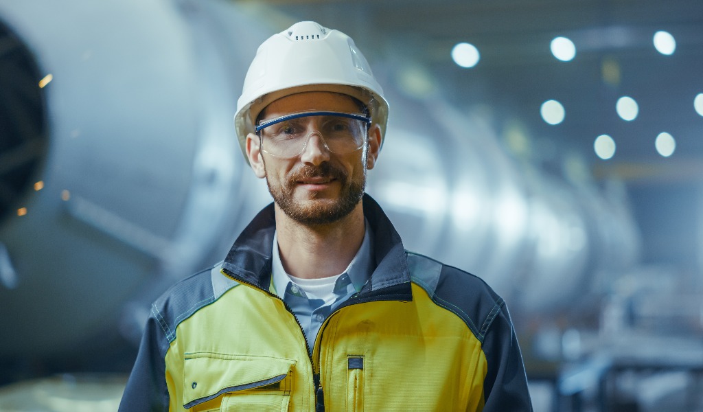 Portrait of Smiling Professional Heavy Industry Engineer / Worker Wearing Safety Uniform, Goggles and Hard Hat. In the Background Unfocused Large Industrial Factory where Welding Sparks Flying